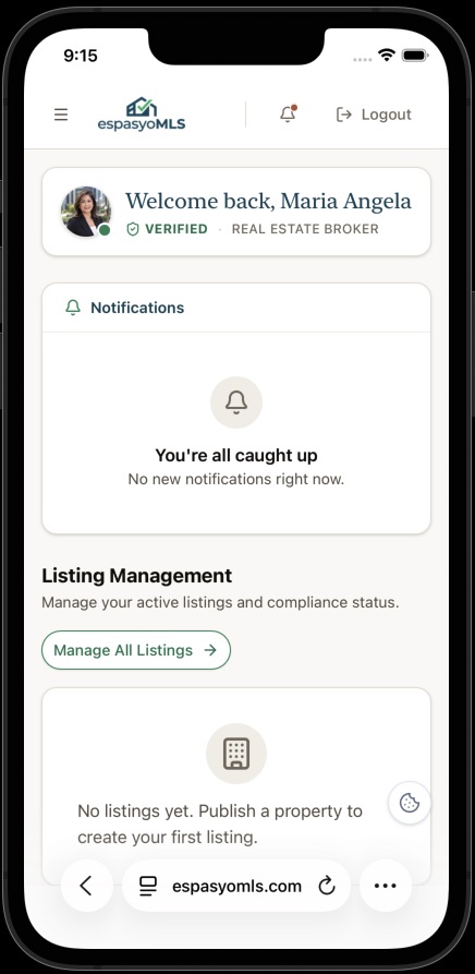 Agent dashboard after signing in, showing the verified profile and the Listing Management section
