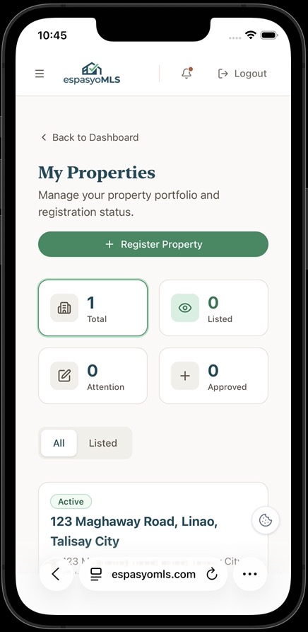 My Properties page showing the property portfolio with a Register Property button