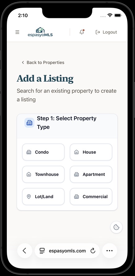Add a Listing screen with six property type choices: Condo, House, Townhouse, Apartment, Lot/Land, Commercial