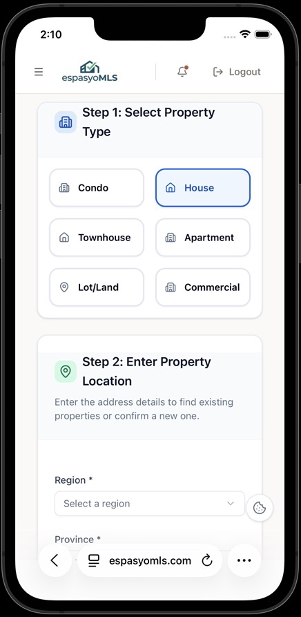 House selected and highlighted among the property type choices, with Step 2 below
