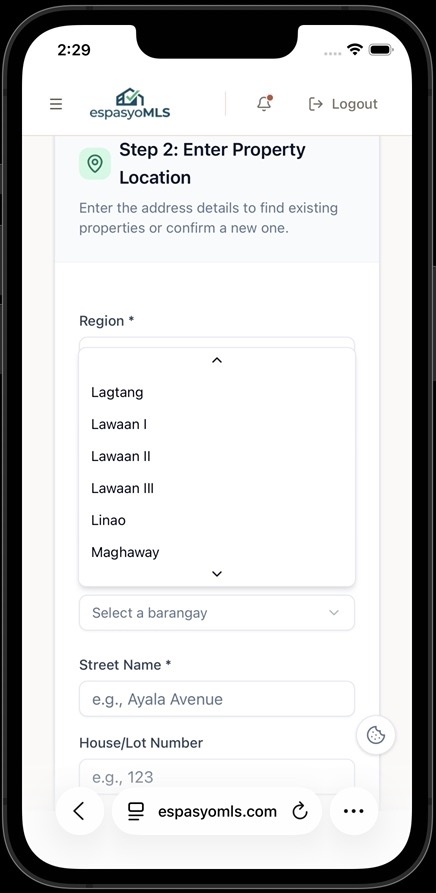 Barangay dropdown open with Linao selected in Talisay City