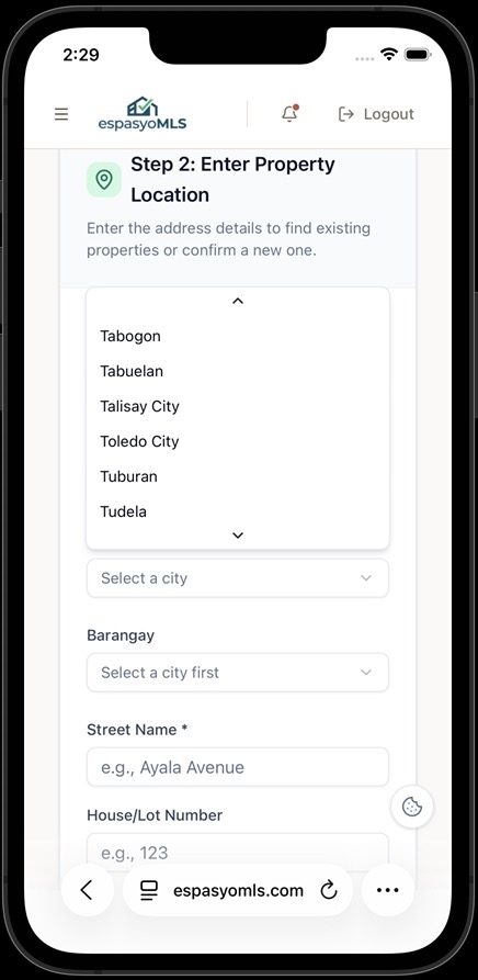 City or municipality list scrolled to Talisay City and Toledo City in Cebu