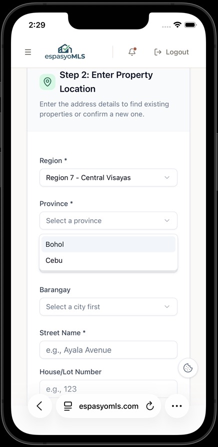 Province dropdown open with Bohol and Cebu after selecting Region 7