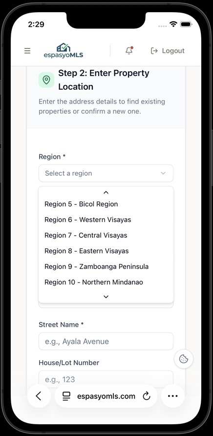 Region dropdown open showing Philippine regions such as Region 7 - Central Visayas