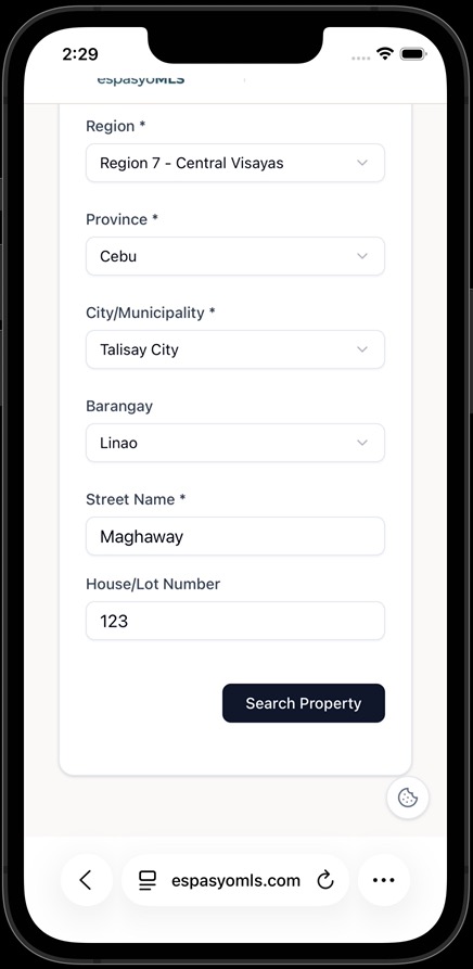 Completed address form with region, province, city, barangay, street, and number, and the Search Property button