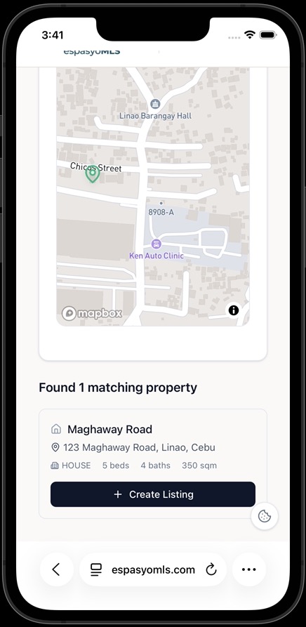 Search result showing Found 1 matching property with the Maghaway Road card and a Create Listing button