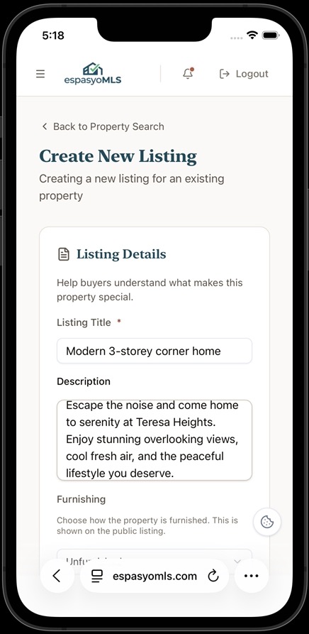 Create New Listing form with the Listing Details section, listing title, and description fields