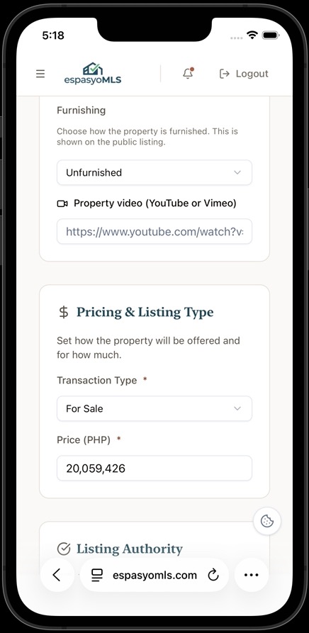 Furnishing dropdown, property video link field, and the Pricing and Listing Type section with transaction type and price