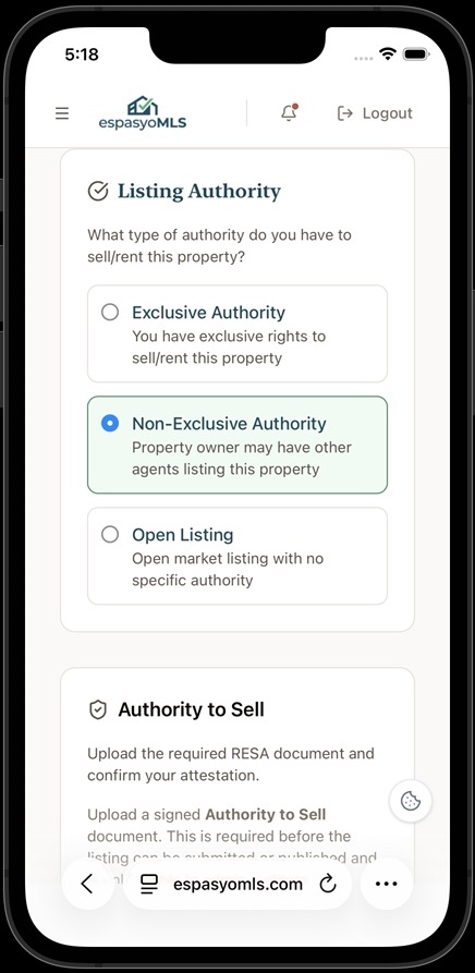 Listing Authority section with Exclusive Authority, Non-Exclusive Authority, and Open Listing options