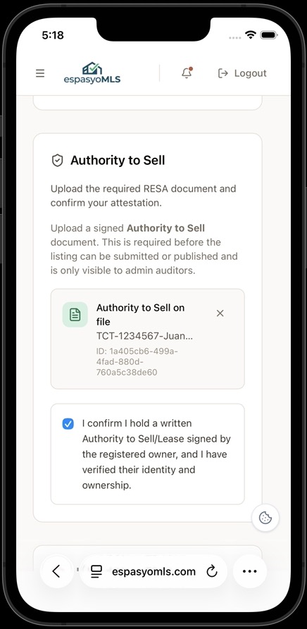 Authority to Sell section with an uploaded ATS document and the attestation checkbox ticked