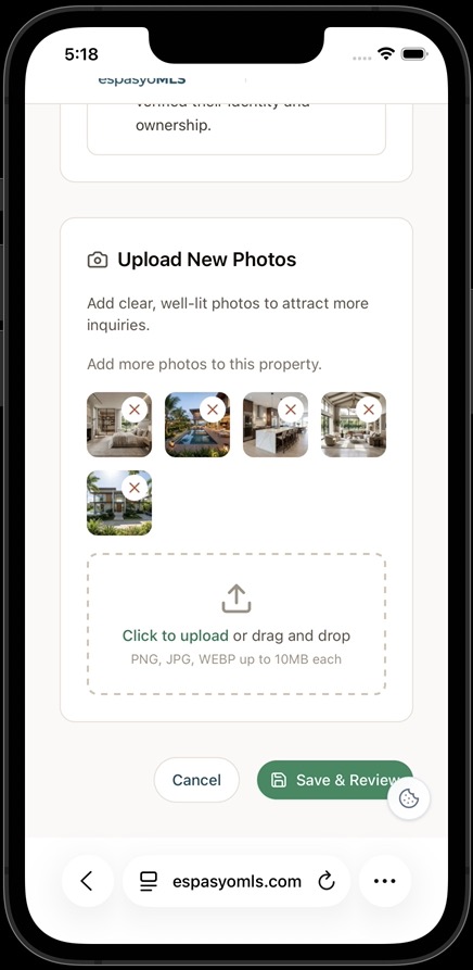 Upload New Photos section with five uploaded photo thumbnails and the Save and Review button