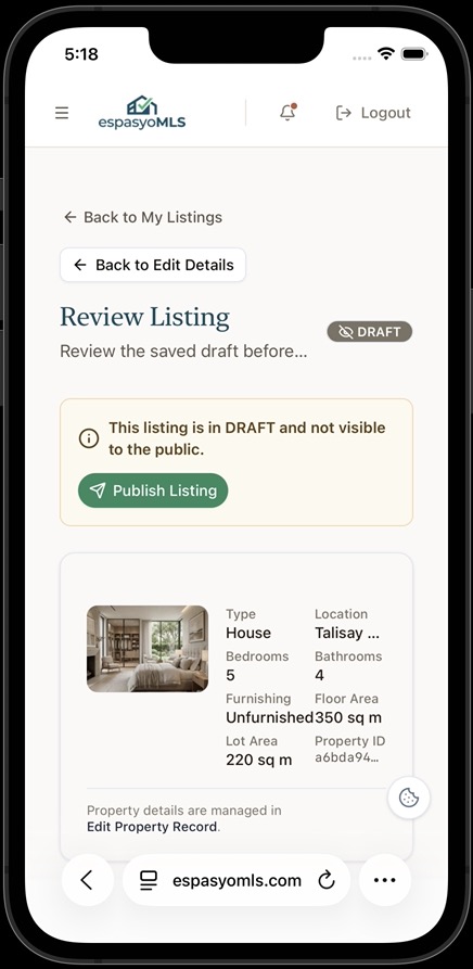 Review Listing page showing DRAFT status, the publish notice, and the Publish Listing button