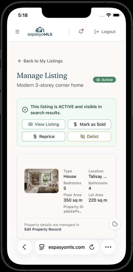 Manage Listing page showing ACTIVE status with View Listing, Mark as Sold, Reprice, and Delist buttons