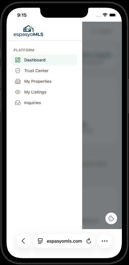 Side menu with Dashboard, Trust Center, My Properties, My Listings, and Inquiries