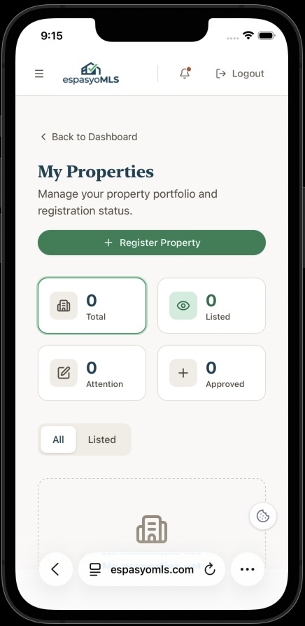 My Properties page with the green Register Property button and portfolio counters
