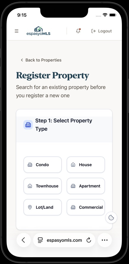 Register Property screen with six property type choices: Condo, House, Townhouse, Apartment, Lot/Land, Commercial