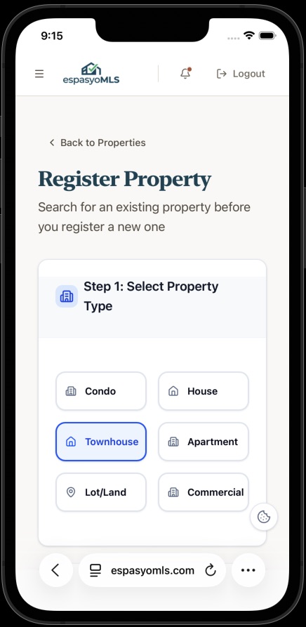 Townhouse selected and highlighted among the property type choices