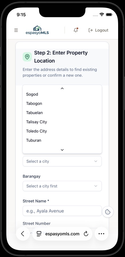 City or municipality list scrolled to Talisay City and Toledo City in Cebu