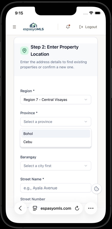 Province dropdown open with Bohol and Cebu after selecting Region 7