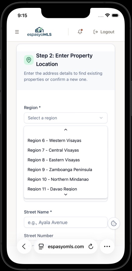 Region dropdown open showing Philippine regions such as Region 7 - Central Visayas