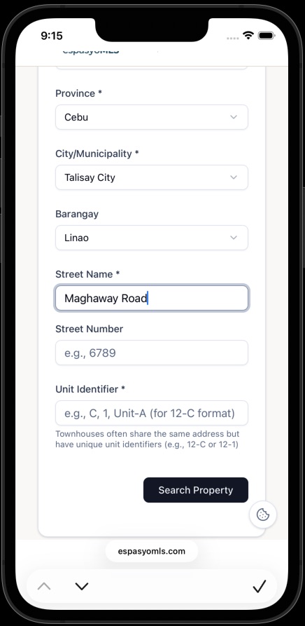 Street name, street number, and unit identifier fields filled in with the Search Property button