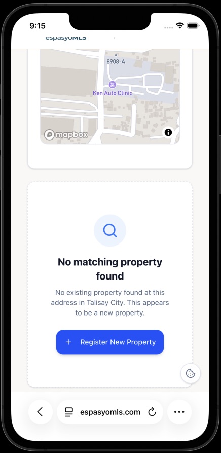 No matching property found message with the blue Register New Property button