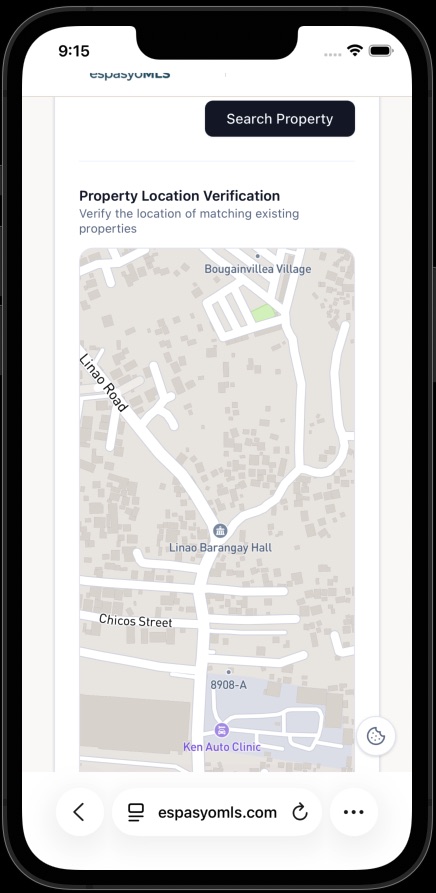 Property Location Verification map centered on the searched address with a marker