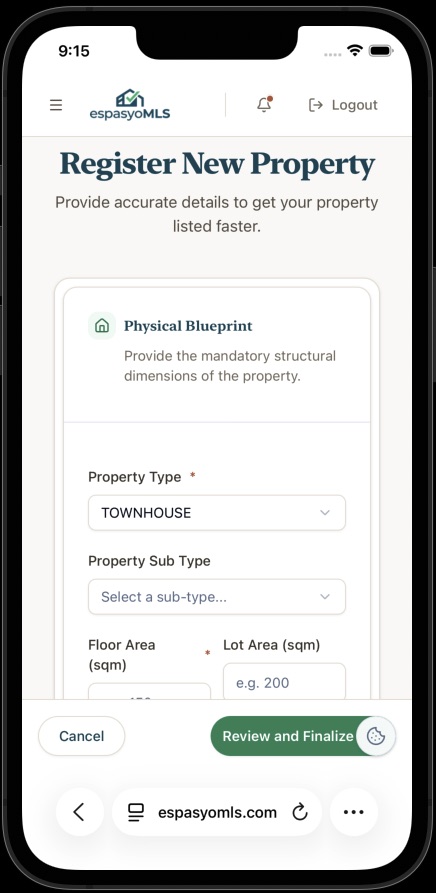 Register New Property form starting with the Physical Blueprint section and property type fields