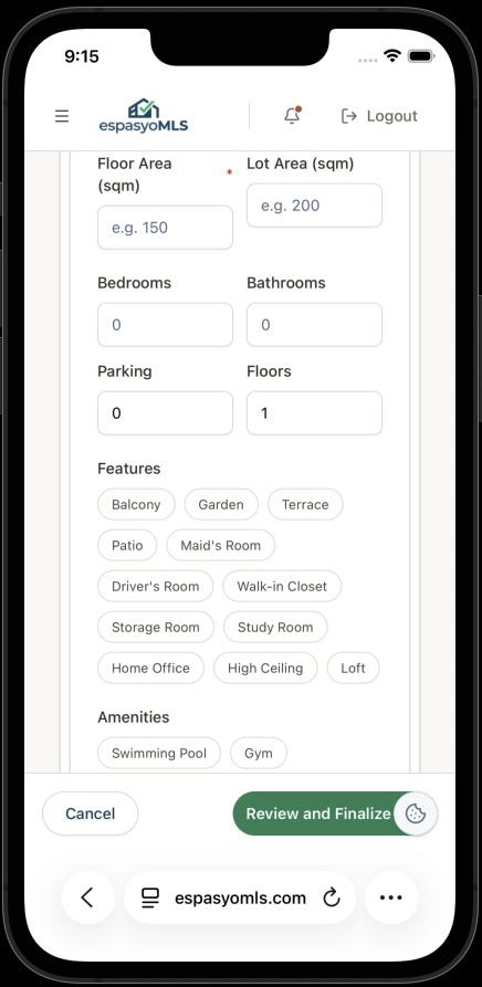 Physical Blueprint continued with area, bedroom, bathroom, parking, floors, and feature chips