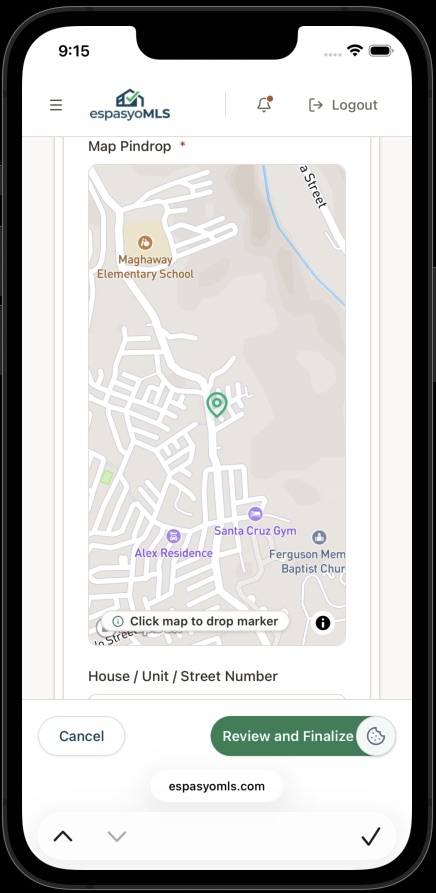 Map with a green marker dropped on the property location and a click map to drop marker hint