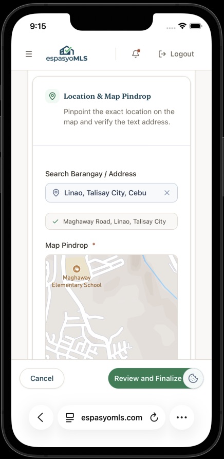 Map pindrop section with the barangay search and a verified address suggestion