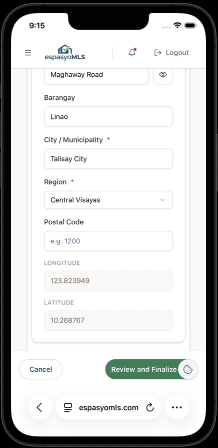 Address details section with barangay, city, region, postal code, and auto-filled coordinates