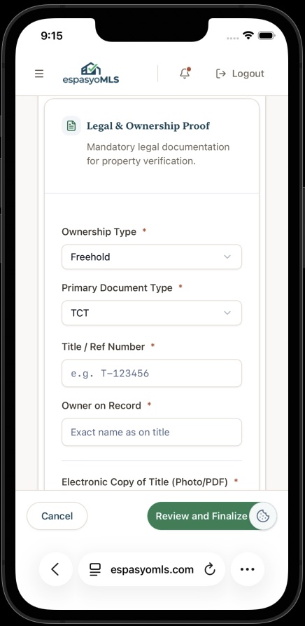 Legal and Ownership Proof section with ownership type, document type, title number, and owner fields