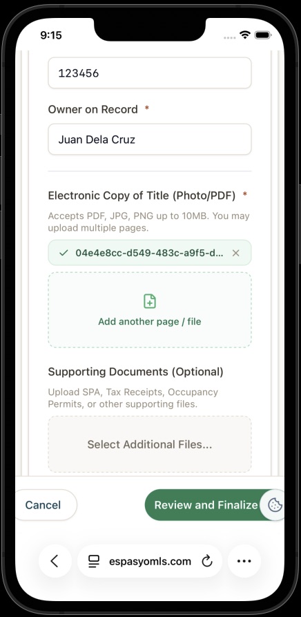 Uploaded title copy shown with a checkmark and options to add more pages or supporting documents
