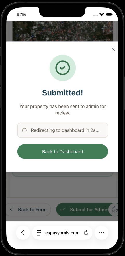 Submitted confirmation dialog saying the property has been sent to admin for review