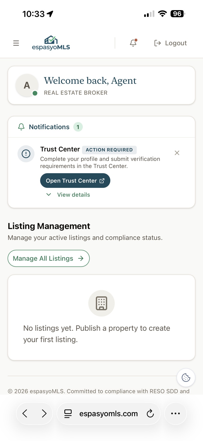 Agent dashboard with a Trust Center notification marked Action Required and an Open Trust Center button