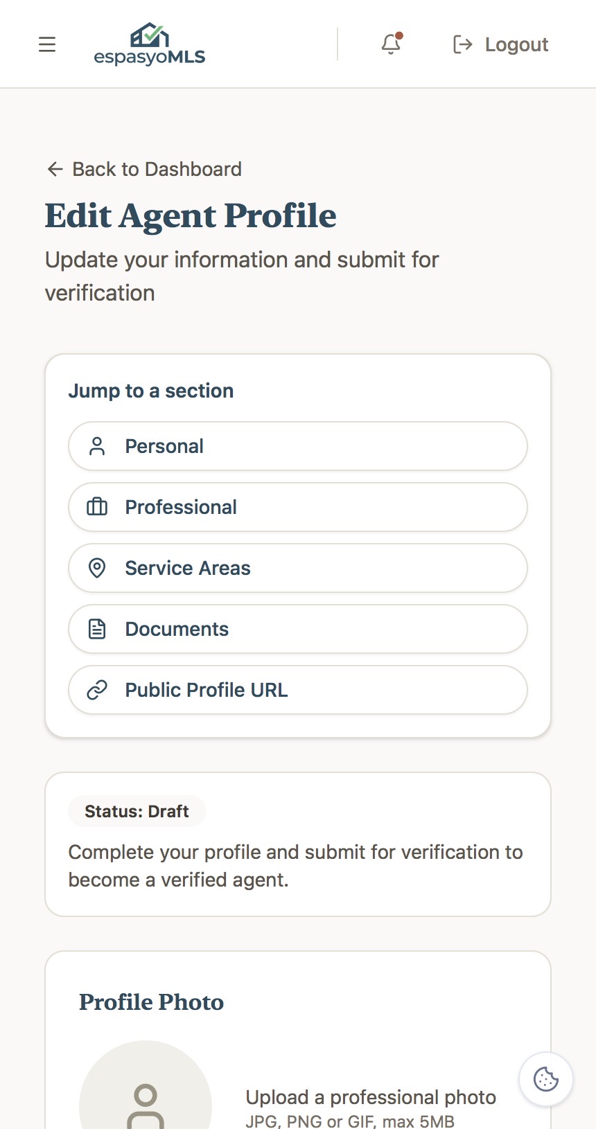 Edit Agent Profile page showing the Jump to a section menu and Draft status