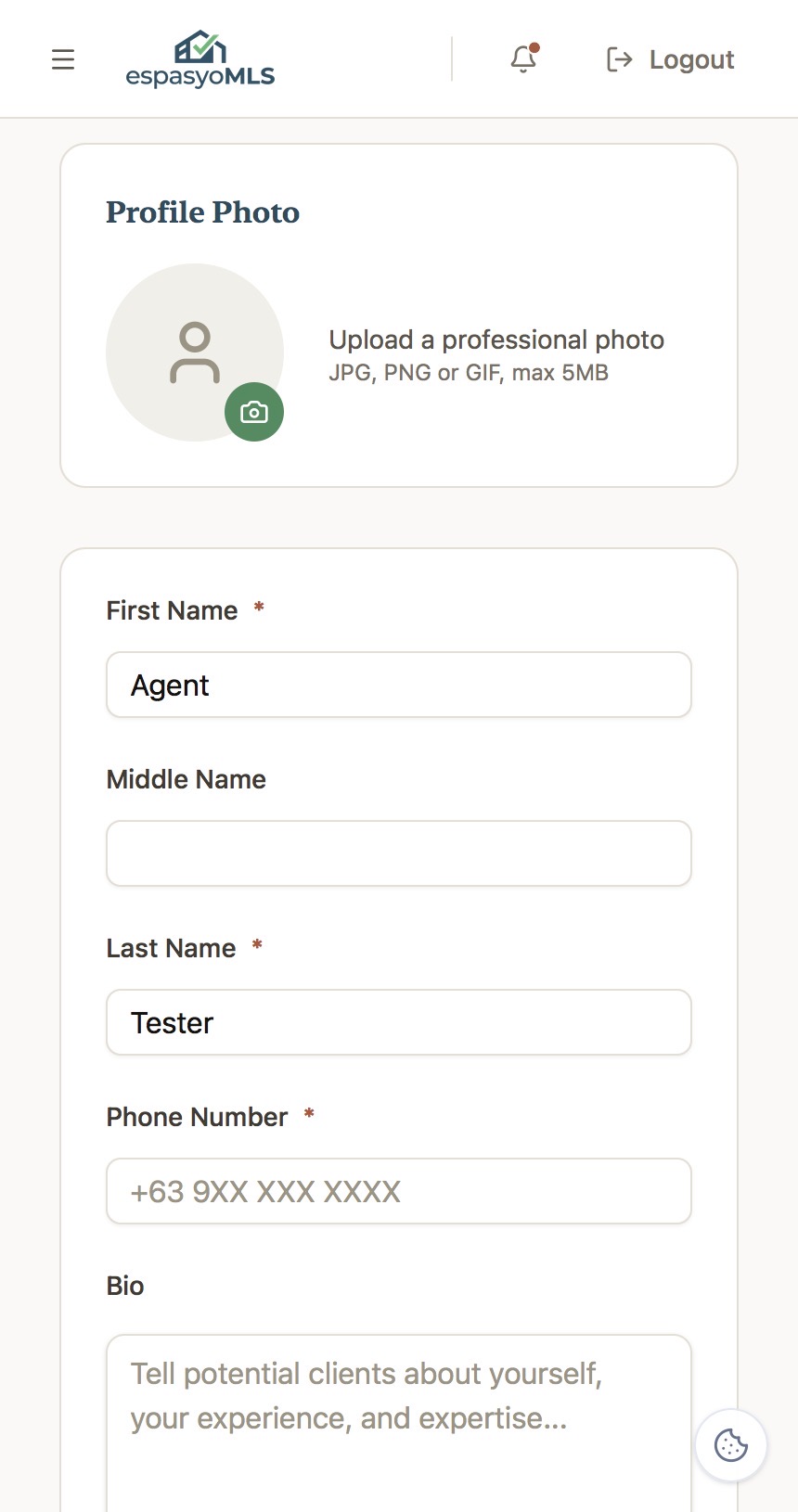 Personal section of the agent profile with profile photo upload, name, and phone fields