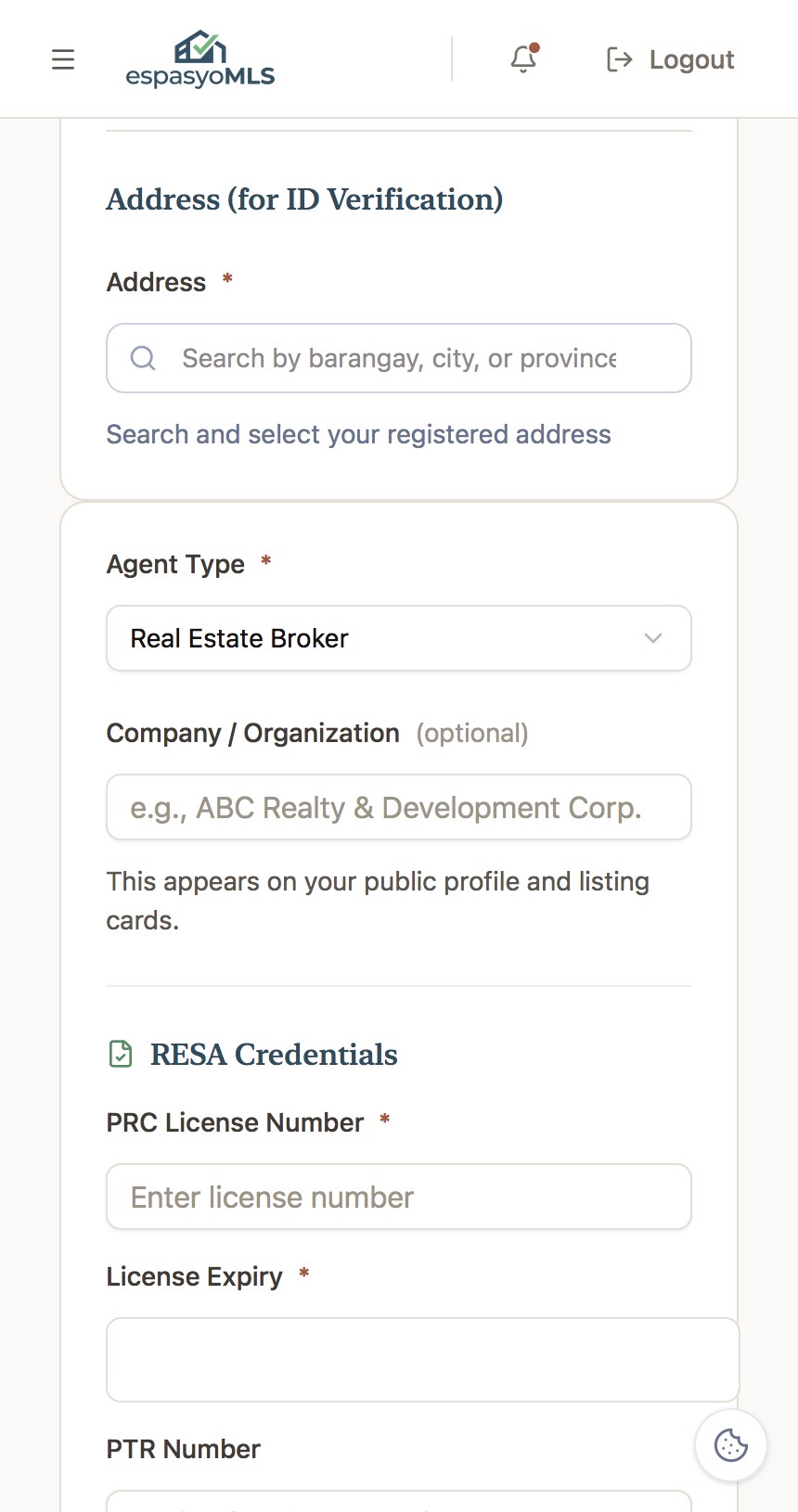 Address and RESA credentials section with barangay search, agent type, and PRC license fields