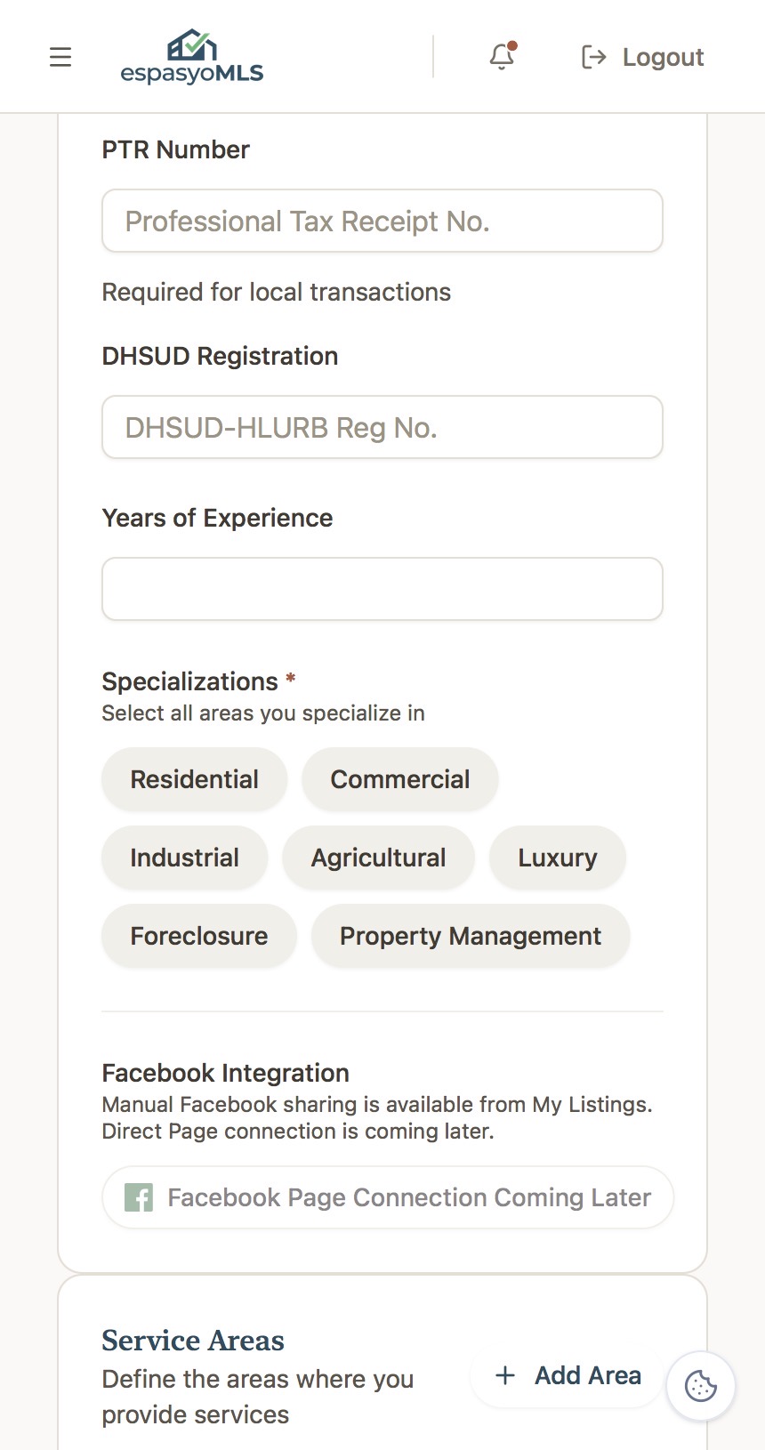 Professional details with PTR, DHSUD, years of experience, and specialization chips