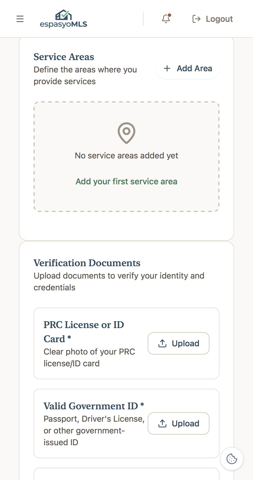 Service Areas and Verification Documents sections with upload buttons for PRC ID and government ID