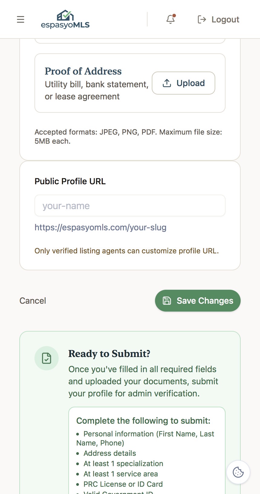 Proof of Address upload with accepted formats note and the Save Changes button