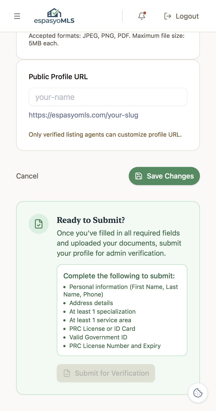 Ready to Submit checklist with the Submit for Verification button