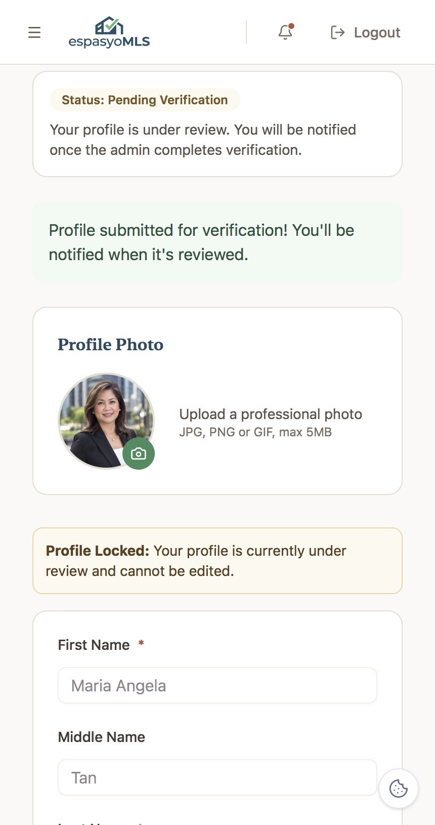 Profile showing Status Pending Verification after submission